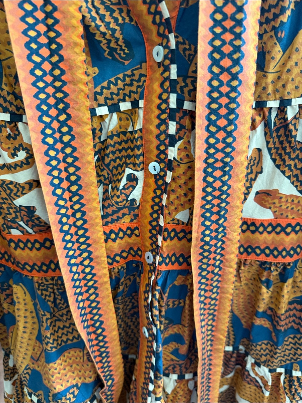 FARM Rio Burnt Orange, Navy & Cream Tiered Mini Dress with Scarf Tie - Picture 3 of 4